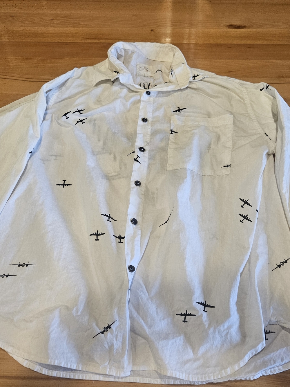 Ninth Air Force White Men's Button-Up Shirt with Black Airplane Print